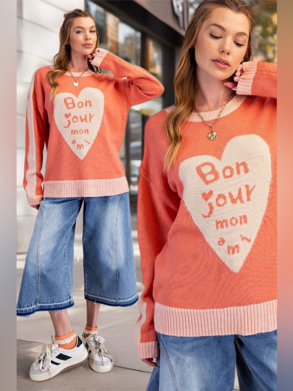 Easel | Bonjour Mon Ami Crew Neck Colorblock Stripe Sweater Heart New Large